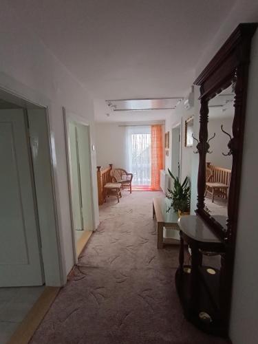 a living room with a mirror and a table at Holiday Home Moldava in Moldava