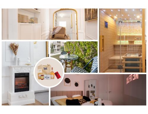 eine Collage aus vier Bildern eines Wohnzimmers in der Unterkunft Suite de Luxe à 10 min de Paris - Sauna, Cinéma in Bagneux