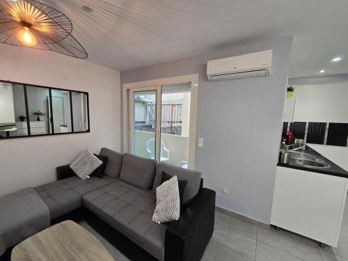 un salon avec un canapé et une cuisine dans l'établissement Appartement T2 37m2 Prado Stade Velodrome plage, à Marseille