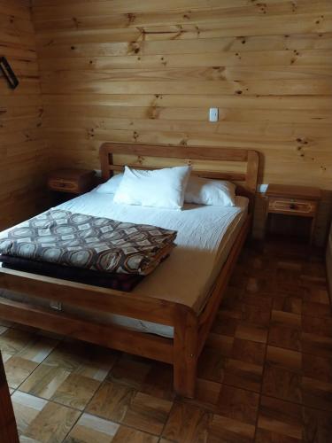 a bedroom with a bed in a log cabin at Amanecer de Caburgua in Pucón