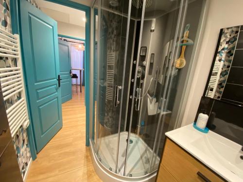 a shower with a glass door in a bathroom at Les Apparts de la Tourronde in Chorges