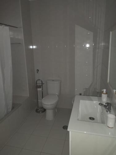 a white bathroom with a toilet and a sink at Casa da Alzira T2 in Vila Nova de Milfontes