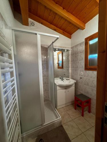 une salle de bain avec douche et lavabo dans l'établissement Appartement Saint-Gervais, à Saint-Gervais-les-Bains