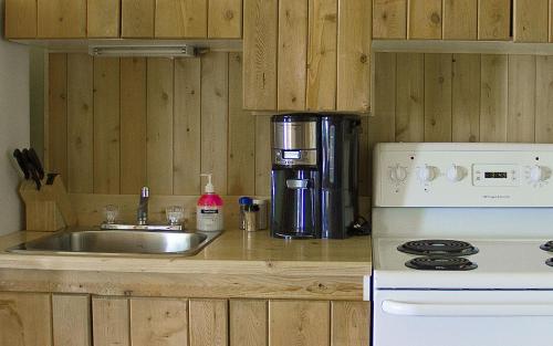 a kitchen with a sink and a coffee maker at Chalets Nature Océan in Perce