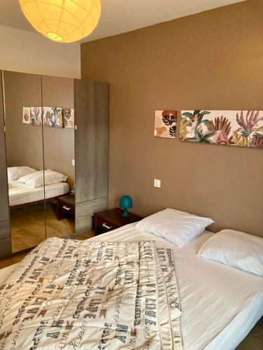 a bedroom with two beds and a mirror at Gîte le Tour 45 m2 Cévennes Lozère in Le Collet-de-Dèze
