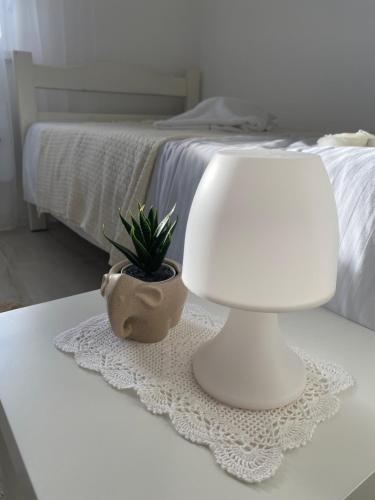 a lamp and a plant on a table next to a bed at Vikendica Fruška lipa in Čortanovci