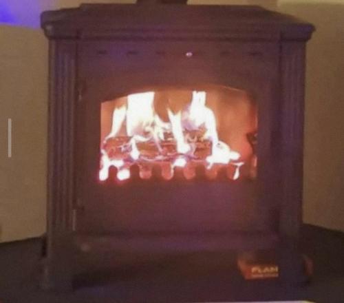 a fireplace with a fire inside of it at Apartma in wellness Čista fantazija in Velika Polana
