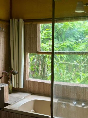 a bath tub in a bathroom with a window at Eco Hostel Organic Life in Trindade
