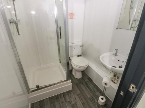 a bathroom with a shower and a toilet and a sink at Sycamore Room in Seaham