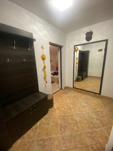 a living room with a mirror and a black dresser at Liza Apartament in Cluj-Napoca