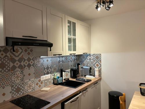 une cuisine avec un évier et un plan de travail dans l'établissement Studio Valberg face aux pistes, à Valberg