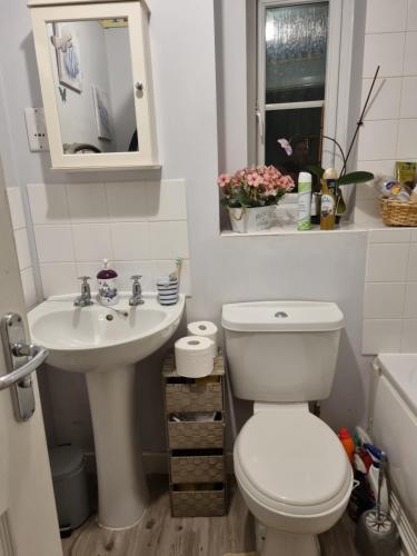 ein Badezimmer mit Toilette und Waschbecken in der Unterkunft Desborough home for short term rent in Desborough