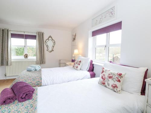a bedroom with two beds and two windows at Willow Cottage in Norwich