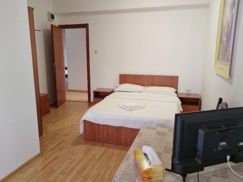 a bedroom with a bed and a flat screen tv at Ananda House in Ciofliceni