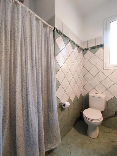 a bathroom with a toilet and a shower curtain at Zorgos Apartments in Zorgos 