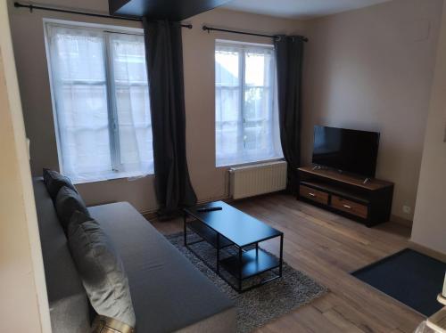 un salon avec un canapé et une télévision dans l'établissement Appartement 4 personnes proche du château fort, à Sedan