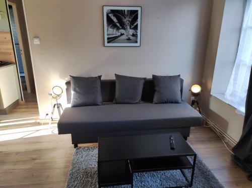 un salon avec un canapé et une table dans l'établissement Appartement 4 personnes proche du château fort, à Sedan