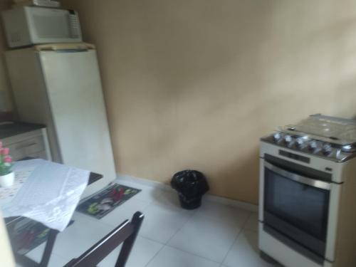 a kitchen with a stove and a table and a table and a chair at Chalé 1 in Nova Friburgo