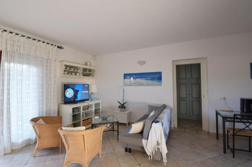a living room with a couch and a tv at Bellissima villa piscina 8 pax 1500 mt dal mare FMP-CAT01-PI in Monte Petrosu