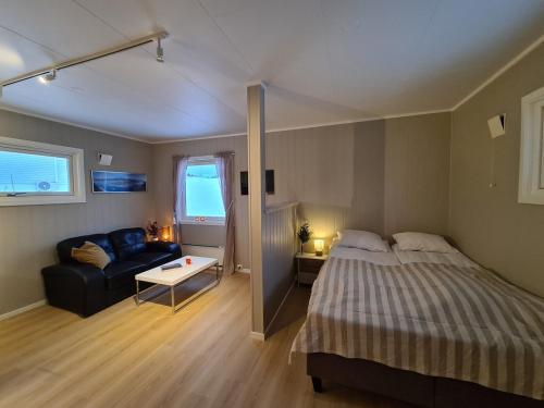 a bedroom with a bed and a couch in it at Studio Apartment in Tromsø in Tromsø