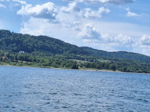 a large body of water with a mountain in the background at Murowaniec in Klimkówka