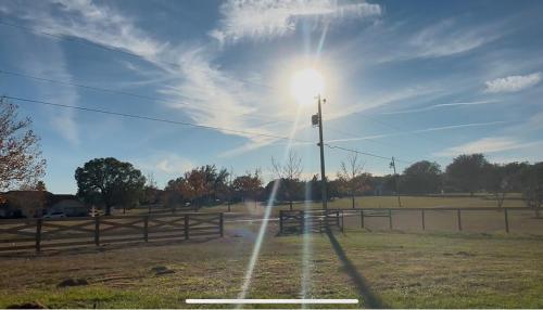 a light pole in a field with a fence at Black Sheep Hideaway Modern Countryside Serenity in Clermont