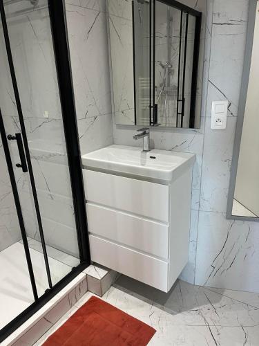 une salle de bain blanche avec un lavabo et une douche dans l'établissement Superbe T2 club cap Estérel Animations petits et Grands sports&Activités MULTISPORTS, à Saint-Raphaël