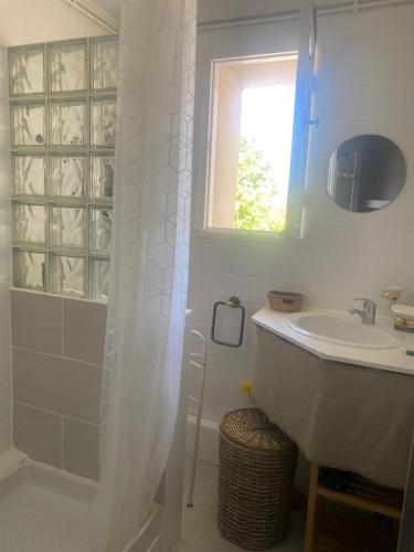 une salle de bain avec un lavabo et un rideau de douche dans l'établissement La Cigale bleue, à Villes-sur-Auzon