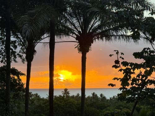 a sunset seen through palm trees in front of the ocean at Sunrise Paradise in Cayru
