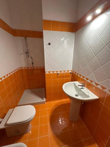 a bathroom with a toilet and a sink and a shower at Casa Amabile in Sanluri