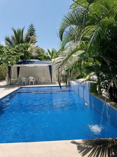 a blue swimming pool with chairs and palm trees at Punta Blanca Beach House Amazing for Families in Punta Blanca