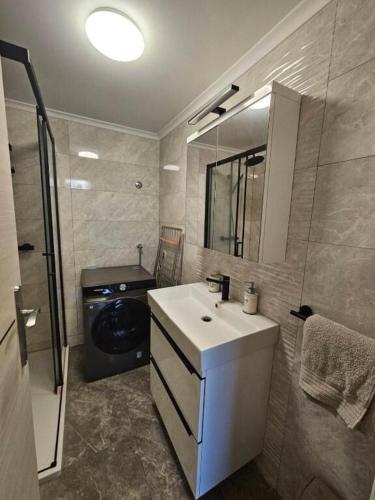 a bathroom with a sink and a washing machine at House Sunshine in Mrljane
