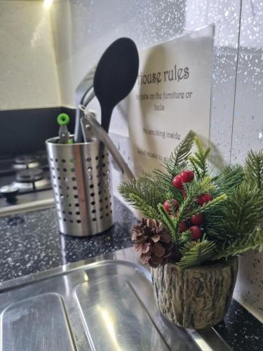 a vase with christmas decorations on a kitchen counter at Military Shepherd Hut in Haxey