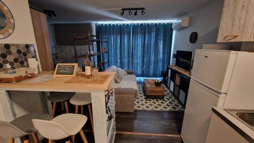 Il comprend une petite cuisine et un salon avec un réfrigérateur. dans l'établissement Vue sur mer et baie de la ciotat, à La Ciotat