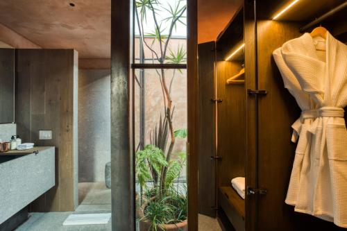 a bathroom with a glass door with a plant at Casa Tenue in Mexico City