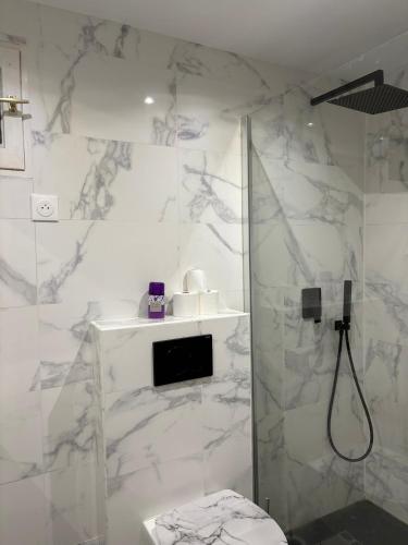 une salle de bain blanche avec une douche et un lavabo dans l'établissement Maison des Compagnons, à Val de Reuil