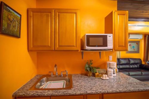 a kitchen with a sink and a microwave at Tangerine Sunsets Mango in Nassau