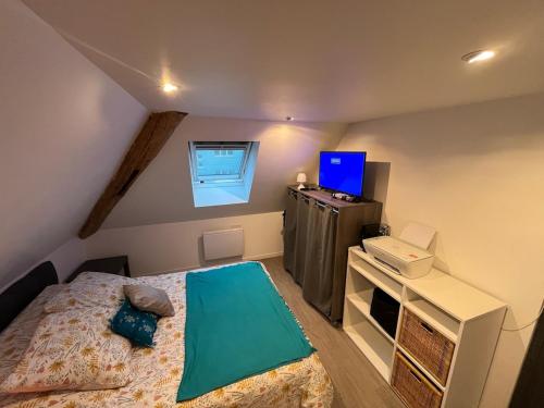 une petite chambre avec un lit et une télévision dans l'établissement Appartement 2 pièces atypique, à Schiltigheim