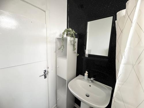 a white bathroom with a sink and a mirror at Cosy 1 Bedroom Apartment in the heart of Barry Flat 3 in Barry