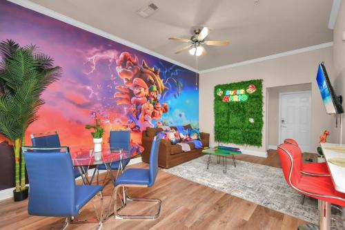 a living room with a dining table and a painting at The Super Mario Bros Movie - 2BR-NRG-Med Center-Galleria in Houston