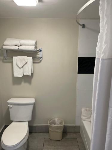 a bathroom with a toilet and a shower with towels at Quality Inn & Suites Goodyear - Phoenix West in Goodyear