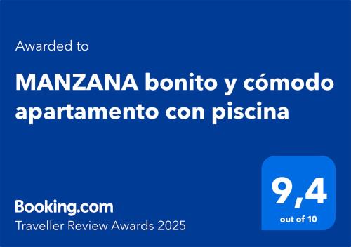 Certifikát, hodnocení, plakát nebo jiný dokument vystavený v ubytování MANZANA bonito y cómodo apartamento con piscina