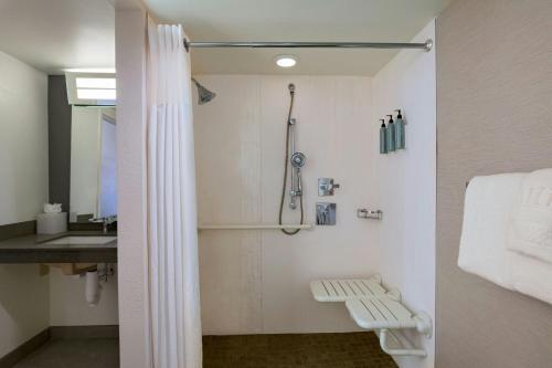 a white bathroom with a shower and a sink at Courtyard by Marriott Austin The Domain Area in Austin