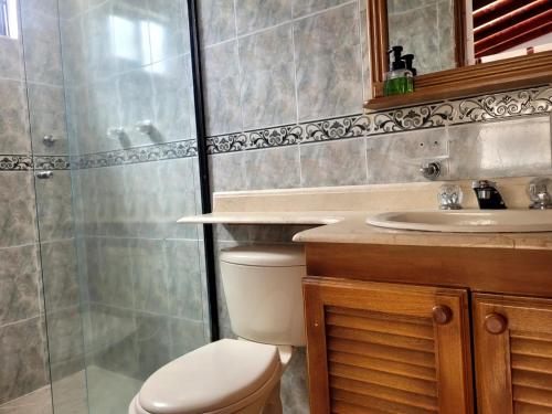 Un baño con inodoro, lavabo y ducha. en Habitacion Multiple con baño privado, en Medellín