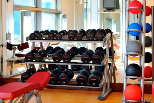 a rack full of dumbbells in a gym at Courtyard by Marriott World Trade Center, Abu Dhabi in Abu Dhabi