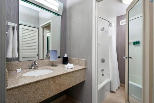 a bathroom with a sink and a mirror and a shower at Courtyard By Marriott Baltimore BWI Airport in Linthicum Heights