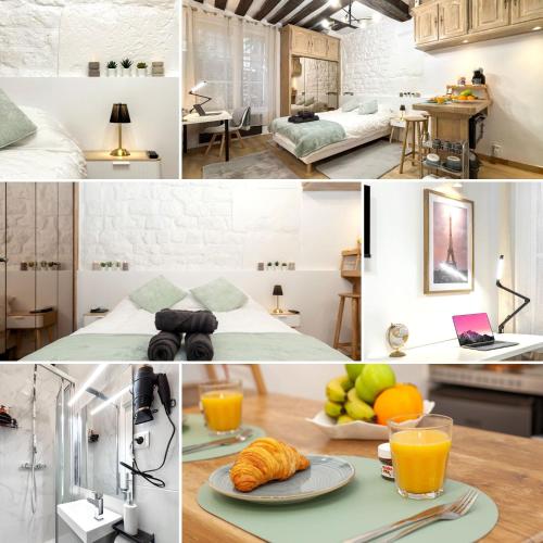 un collage de photos d'une chambre avec petit-déjeuner dans l'établissement Le Columba-Studio Parisien Saint-Germain, à Paris