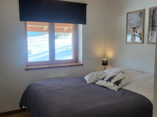 Schlafzimmer mit einem Bett und einem Fenster in der Unterkunft Appartement neuf 3 pièces, vue piste, parking couvert - FR-1-291-1026 in Valmorel