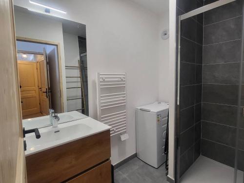 ein Badezimmer mit Waschbecken, Spiegel und Dusche in der Unterkunft Appartement neuf 3 pièces, vue piste, parking couvert - FR-1-291-1026 in Valmorel