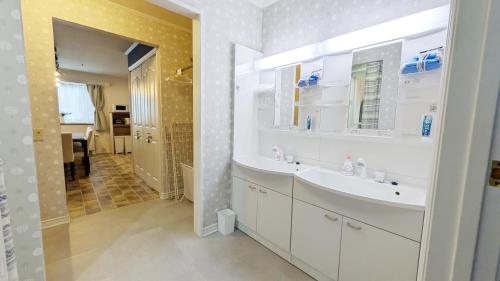 a white bathroom with a sink and a mirror at Soen 1996 Villa in Sapporo